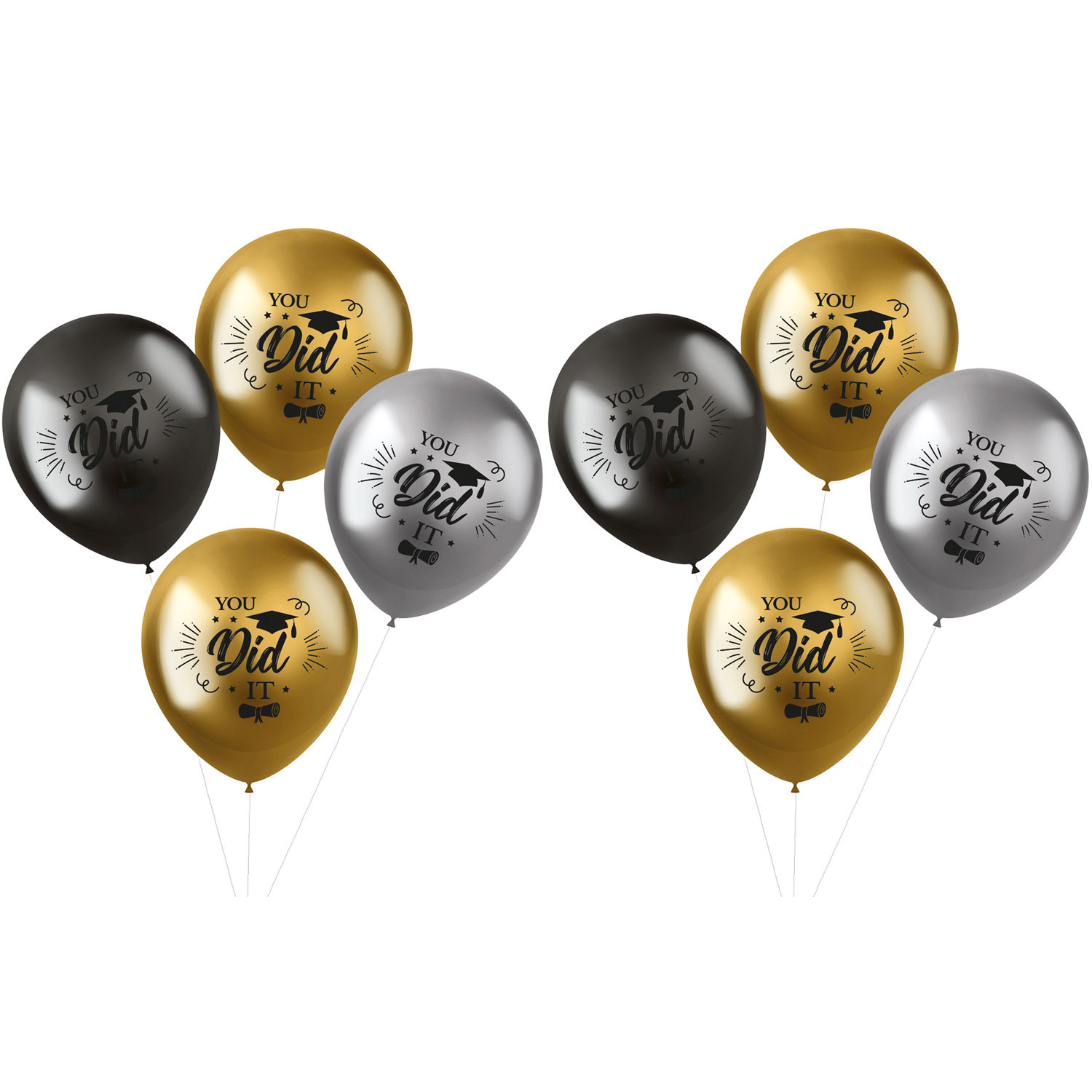 Ballonnen geslaagd thema - 8x - goud/zilver/grijs - latex - 33 cm - diploma examenfeest versiering
