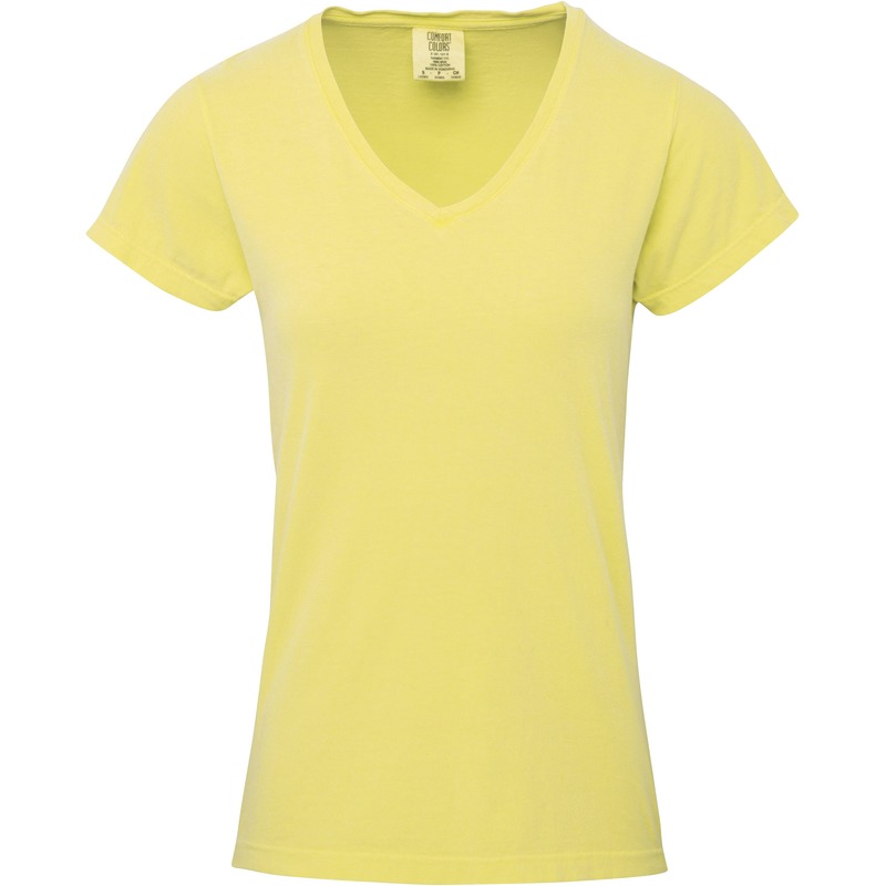 Dameskleding t-shirt met V-hals gele polyester-katoen kopen