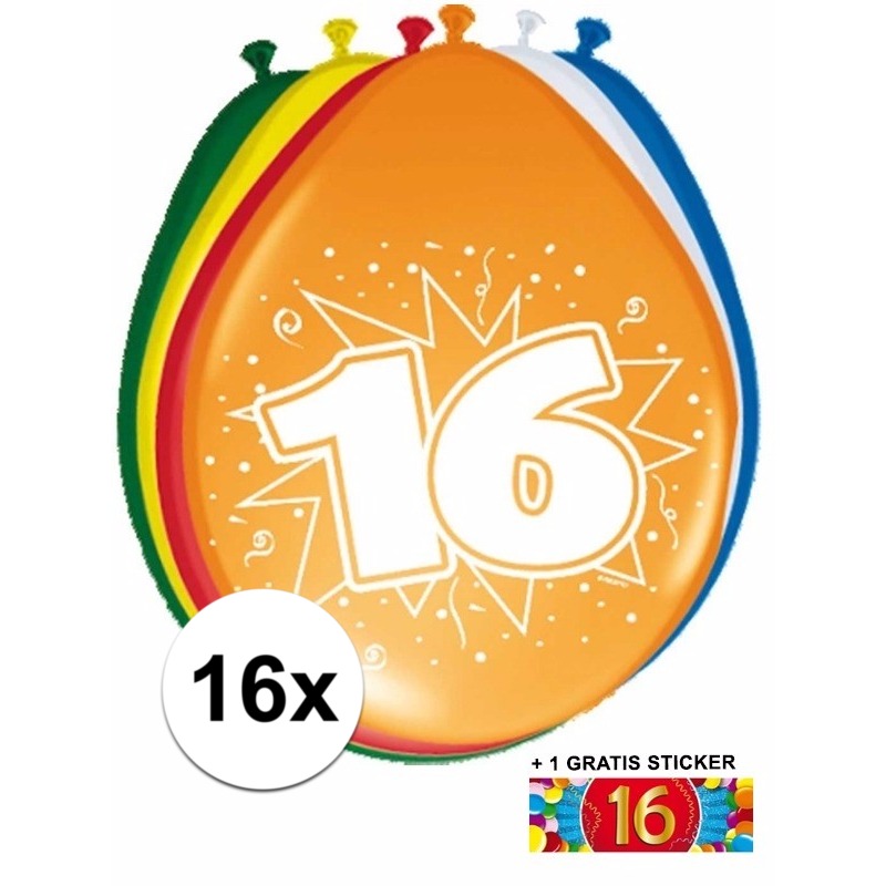 Feestartikelen Ballonnen 16 jaar van 30 cm 16 stuks + sticker