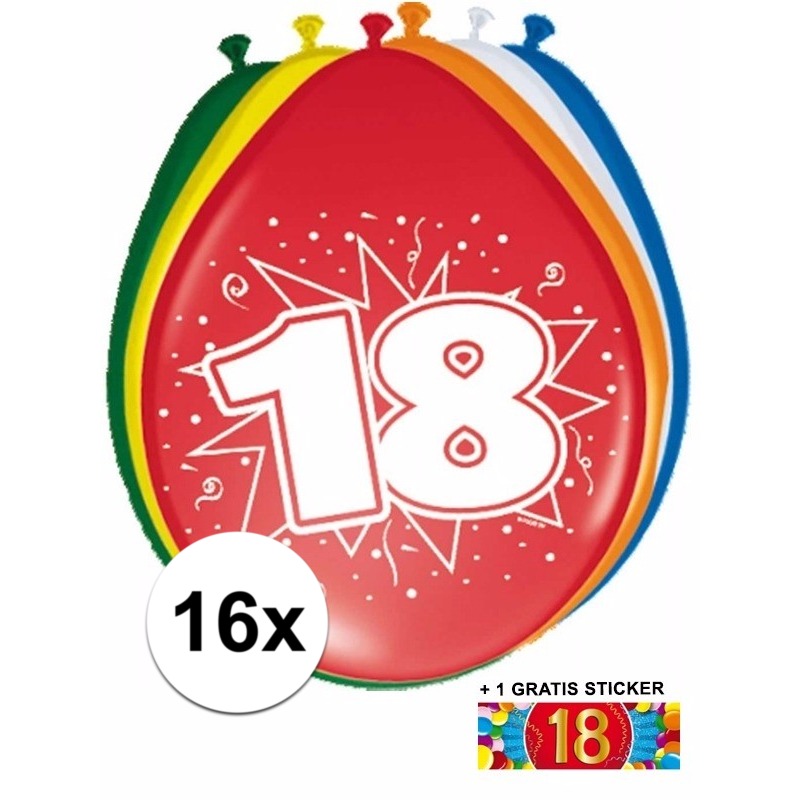 Feestartikelen Ballonnen 18 jaar van 30 cm 16 stuks + sticker