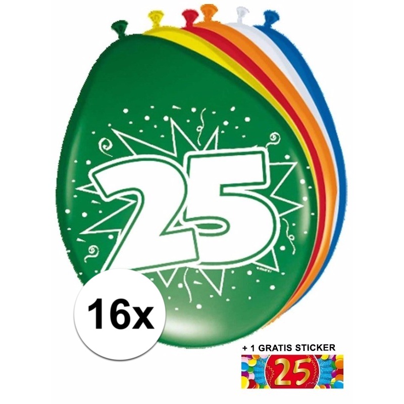 Feestartikelen Ballonnen 25 jaar van 30 cm 16 stuks + sticker