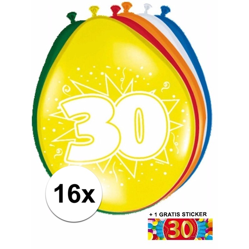 Feestartikelen Ballonnen 30 jaar van 30 cm 16 stuks + sticker