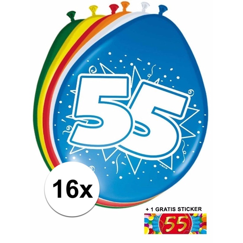 Feestartikelen Ballonnen 55 jaar van 30 cm 16 stuks + sticker