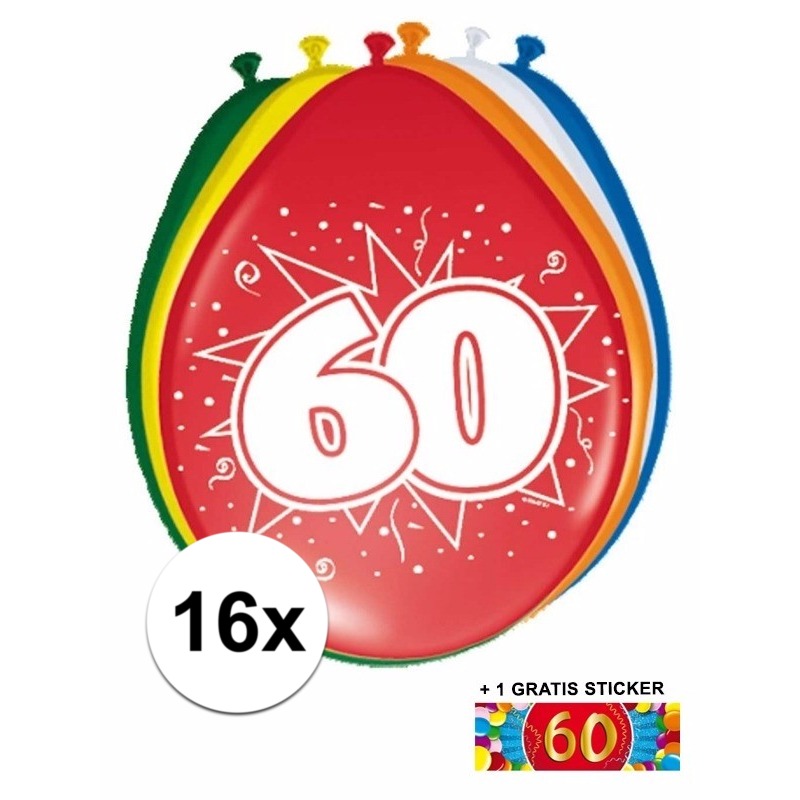 Feestartikelen Ballonnen 60 jaar van 30 cm 16 stuks + sticker