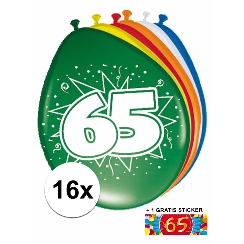Feestartikelen Ballonnen 65 jaar van 30 cm 16 stuks + sticker