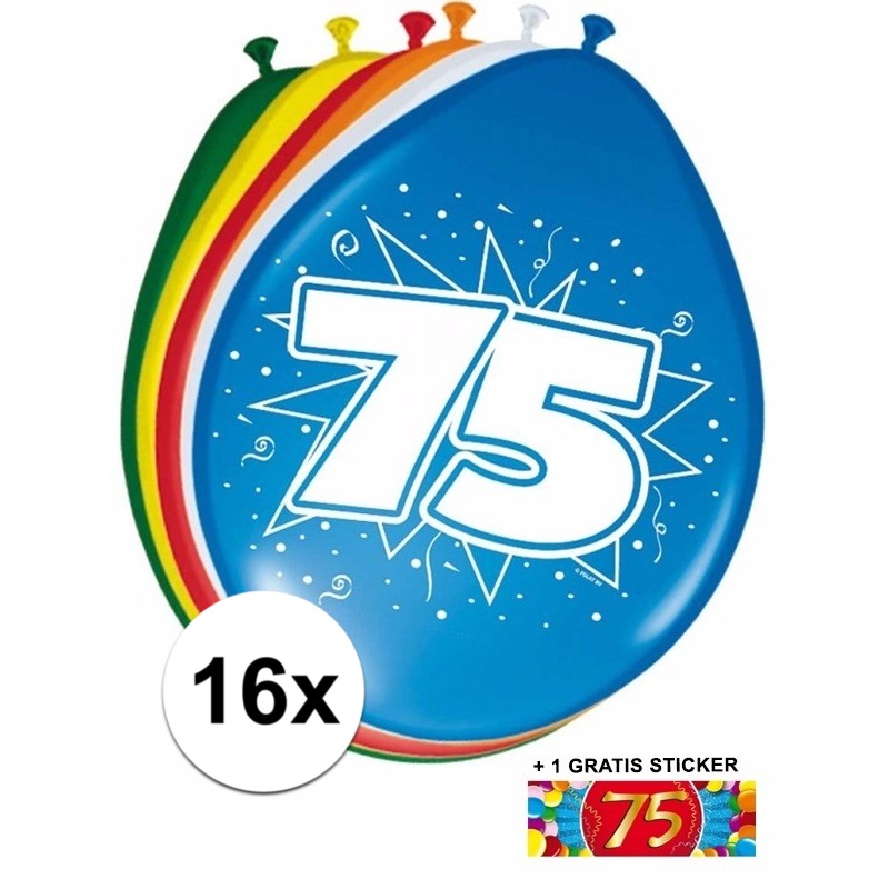 Feestartikelen Ballonnen 75 jaar van 30 cm 16 stuks + sticker