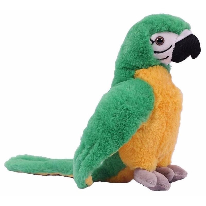 Pluche papegaaien knuffeltje groen/geel met kraalogen. hoogte: 24 cm.