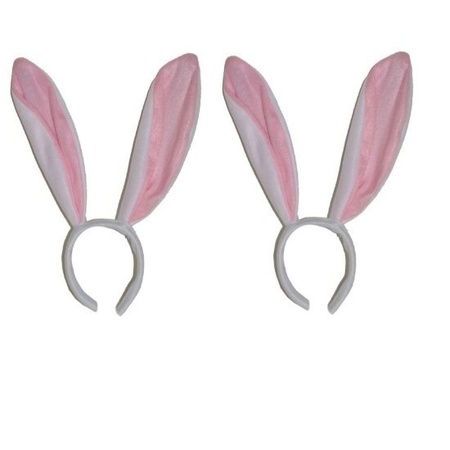 2x Hazen / konijnen oortjes wit met roze voor volwassenen