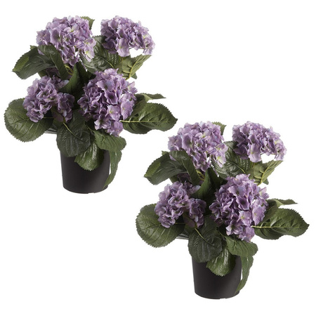 3x pieces purple hortensia Hydrangea artificial plant in black plastic pot 44 cm