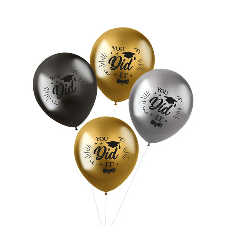 Balloons graduated theme - 12x - grey/silver/gold - latex - 33 cm