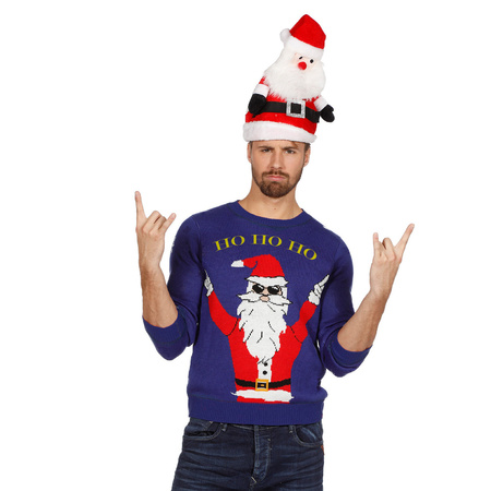 Kerst outfit blauwe trui met rockende kerstman