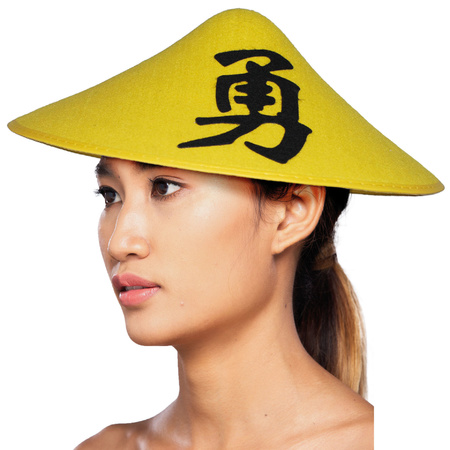 Chinese verkleed hoed geel met teken