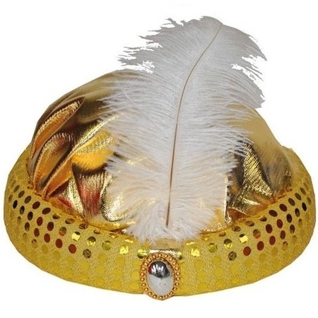Gold sultan hat with sequins and feather