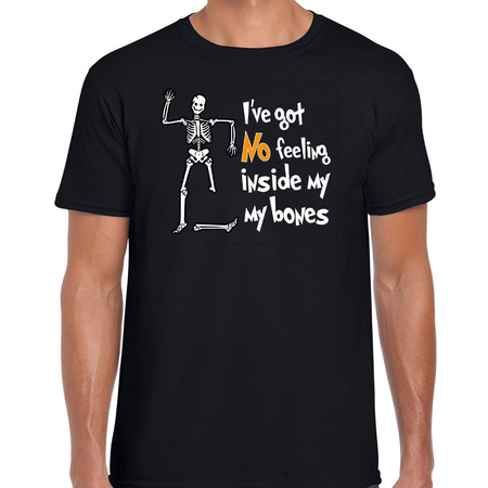 Halloween verkleed t-shirt heren - skelet - zwart - no feelings - themafeest outfit