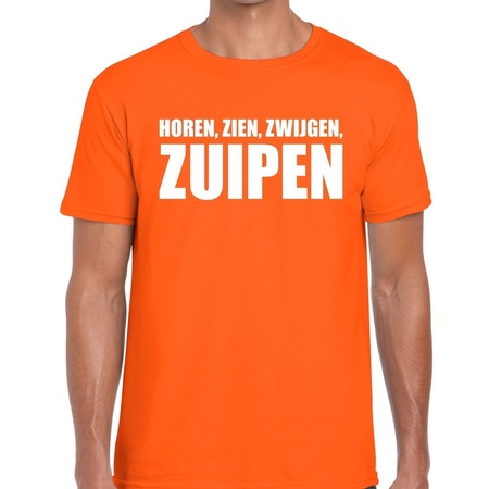 Horen Zien Zwijgen Zuipen tekst t-shirt oranje heren