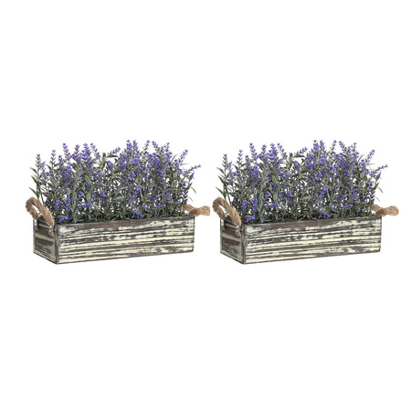 Lavender flowers artificial plant in old wooden pot - 2x - dark purple flowers - 30 x 12 x 21 cm