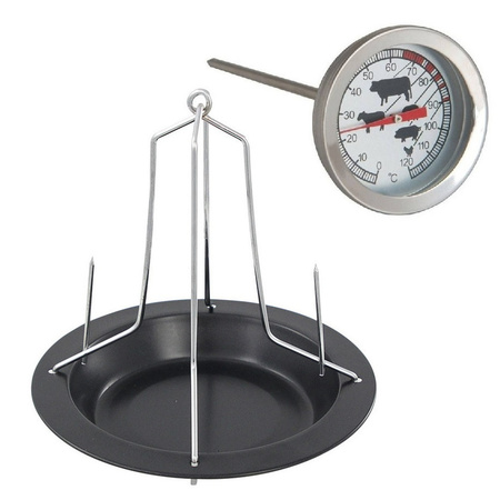 Steel chicken spit with dish black 20 x 18 cm with meat thermometer