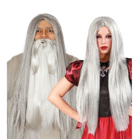 Grey wizard or witches wig for adults
