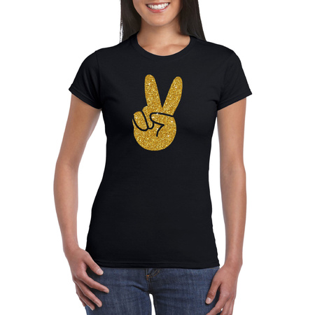 Zwart Flower Power t-shirt gouden glitter peace hand dames