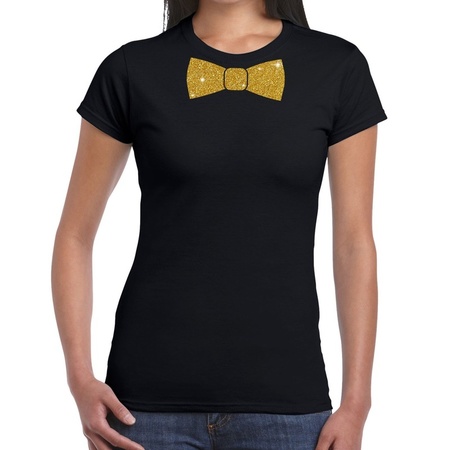 Zwart fun t-shirt met vlinderdas in glitter goud dames